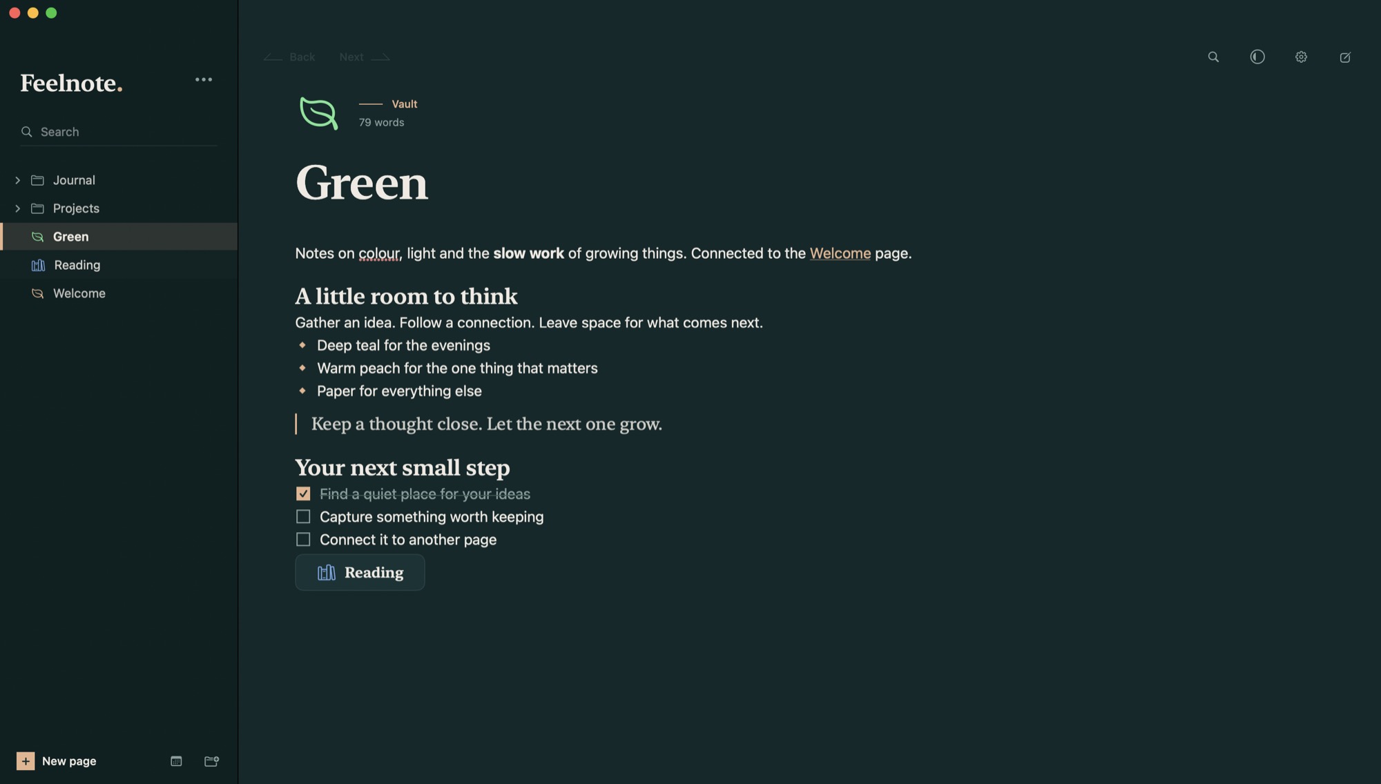 A Feelnote page with headings, lists and an embedded page, in dark mode.