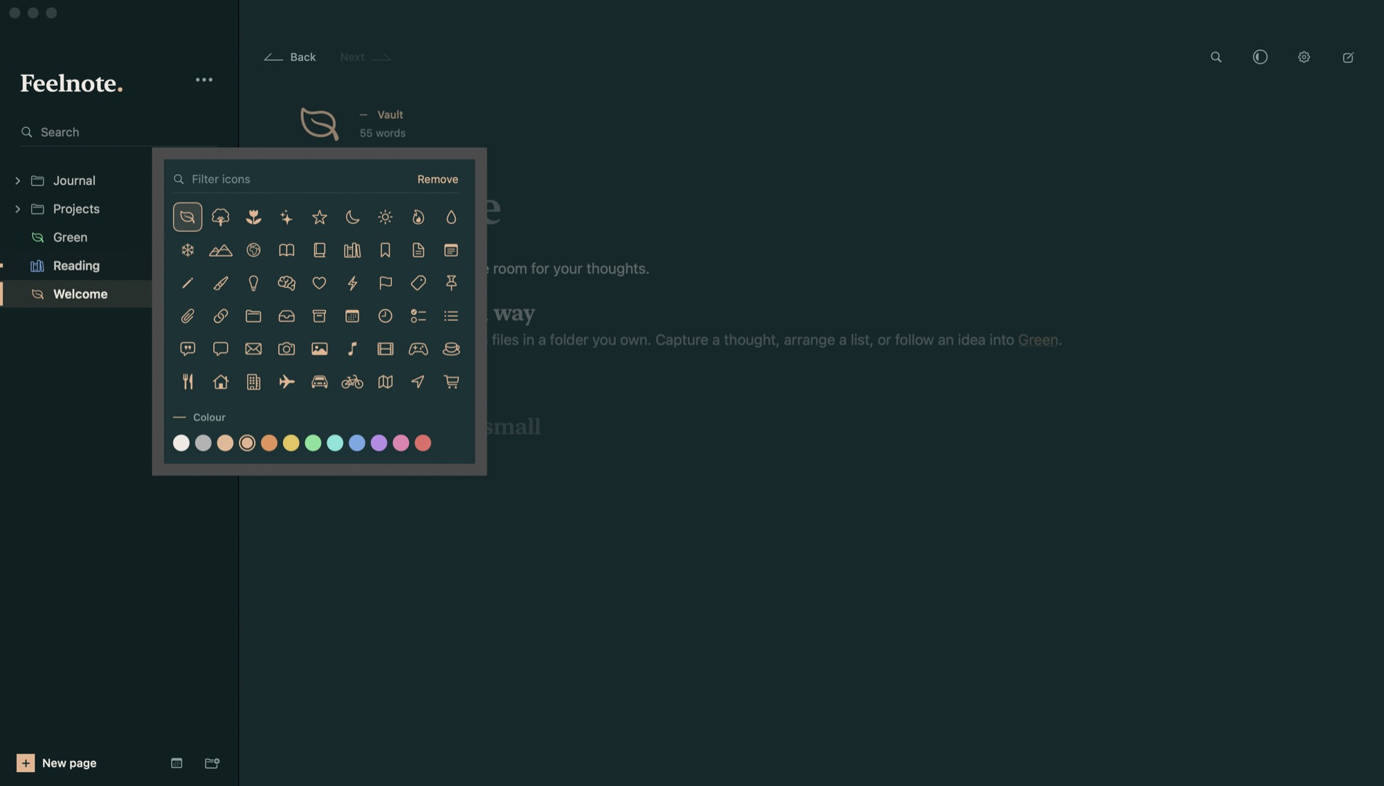 The icon picker with single-colour icons and colours.
